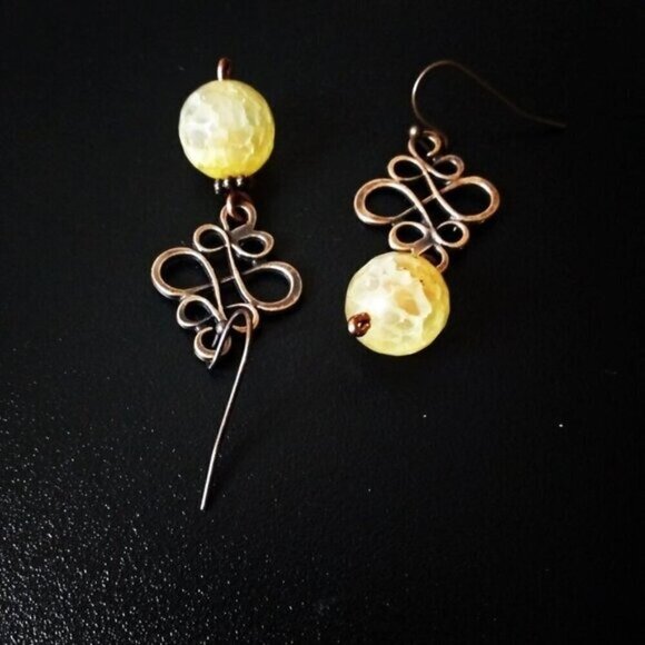 Chunky Yellow DragonVein Agate & Copper Filigree Earrings! Big + Bold + Spicy! - Picture 3 of 7